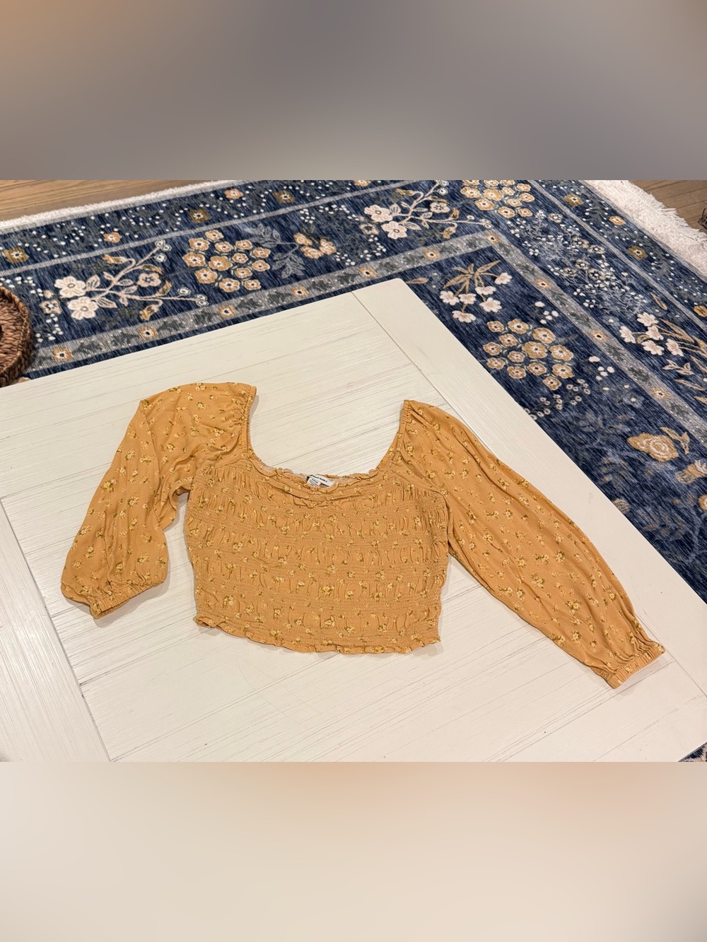 American eagle Smocked Square-Neck Long-Sleeve Crop Top in Mustard